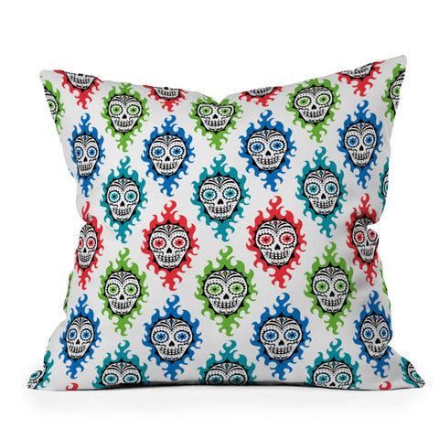 Andi Bird Sugar Skull Flames Outdoor Throw Pillow