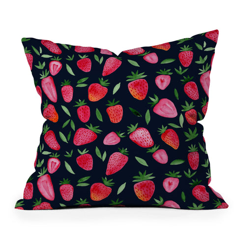 Angela Minca Strawberries on dark blue Outdoor Throw Pillow
