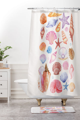 April Lane Art Watercolor Seashells Shower Curtain And Mat