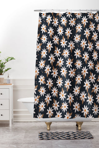 Avenie Boho Daisies In Dark Navy Shower Curtain And Mat