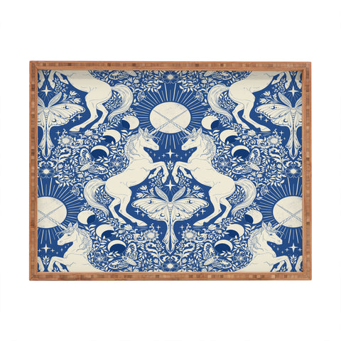 Avenie Unicorn Damask In Blue Rectangular Tray