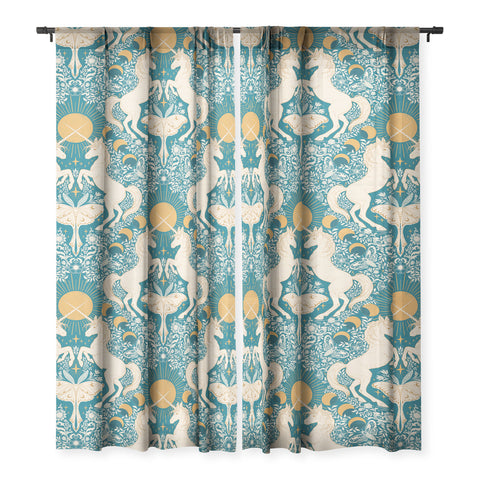 Avenie Unicorn Damask Turquoise Gold Sheer Non Repeat