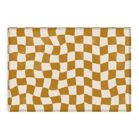 Avenie Warped Checkerboard Gold Outdoor Rug