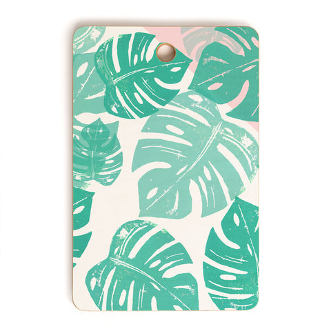 Bianca Green Linocut Monstera Rosy Cutting Board Rectangle