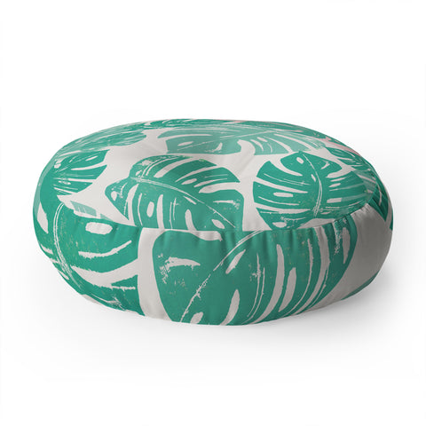 Bianca Green Linocut Monstera Rosy Floor Pillow Round