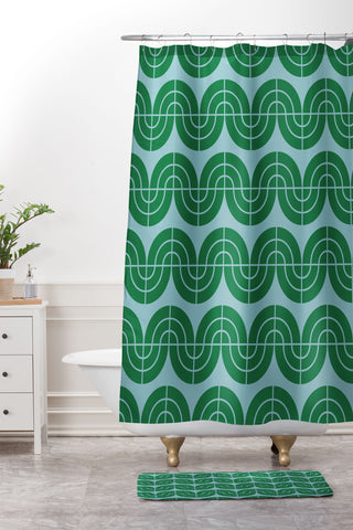 Camilla Foss Wavy Pattern Green and Blue Shower Curtain And Mat