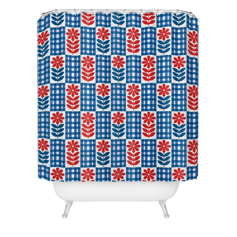 Jenean Morrison Gingham Floral Blue Shower Curtain