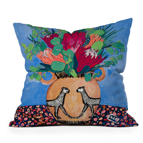 Lara Lee Meintjes Cheetah Vase with Protea Bouquet Throw Pillow