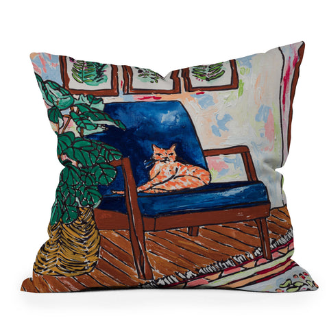 Lara Lee Meintjes Ginger Cat in Peacock Chair with Indoor Jungle of House Plants Interior Painting Outdoor Throw Pillow
