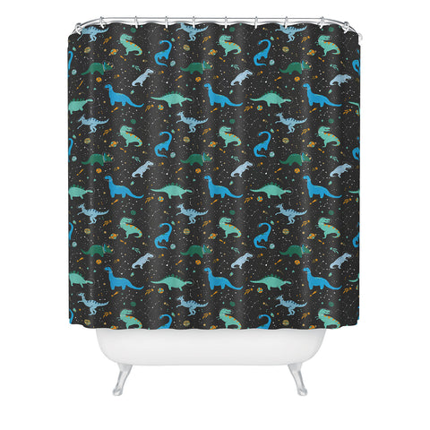 Lathe & Quill Dinosaurs in Space in Blue Shower Curtain