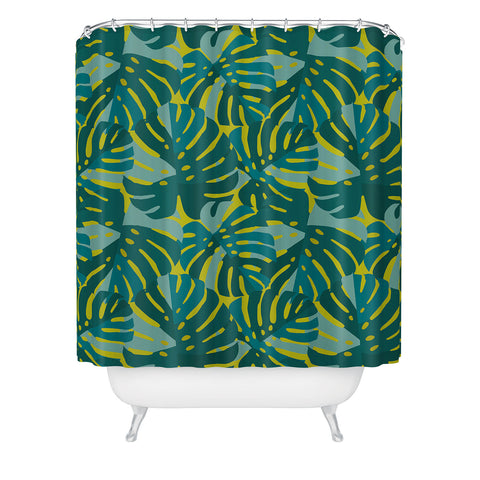 Lathe & Quill Monstera Leaves in Teal Shower Curtain