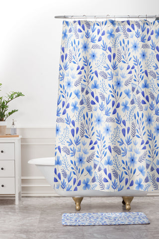 Pimlada Phuapradit Blue and White Floral 062401 Shower Curtain And Mat