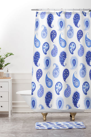 Pimlada Phuapradit Blue and White Paisley Shower Curtain And Mat