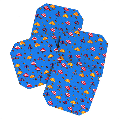 Renie Britenbucher Beach Umbrellas And Starfish Blue Coaster Set