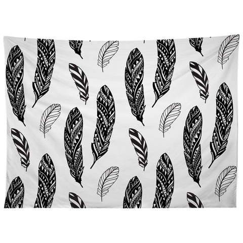 Avenie Boho Feathers Black and White Tapestry