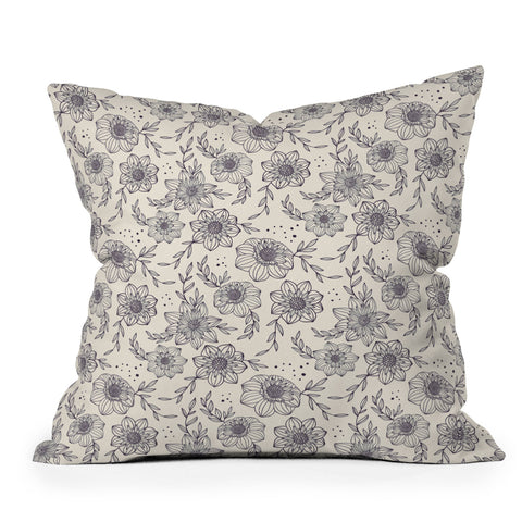 Avenie Dahlia Lineart Black and White Throw Pillow