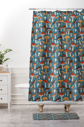 Avenie Mushrooms In Teal Pattern Shower Curtain And Mat