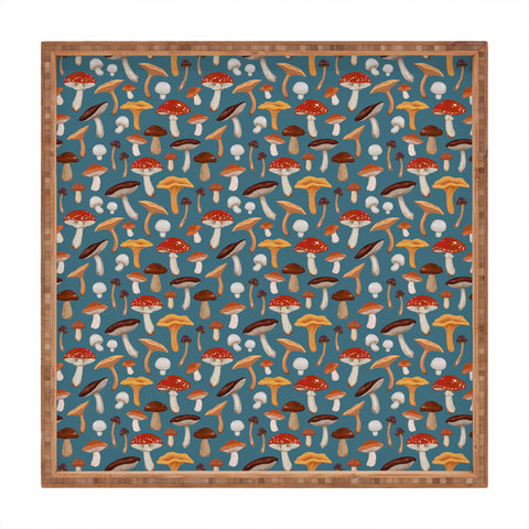 Avenie Mushrooms In Teal Pattern Square Tray