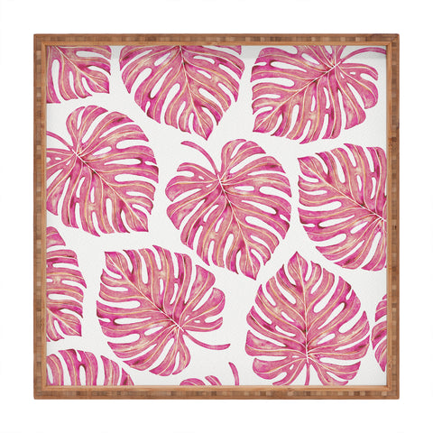 Avenie Tropical Palm Leaves Pink Square Tray