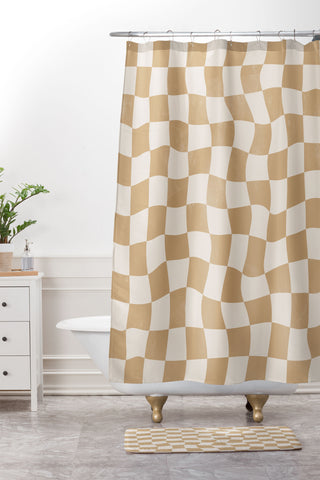 Avenie Warped Checkerboard Tan Shower Curtain And Mat