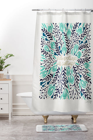 Cat Coquillette Adventure is Calling Navy Mint Shower Curtain And Mat