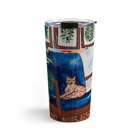 Lara Lee Meintjes Ginger Cat in Peacock Chair with Indoor Jungle of House Plants Interior Painting Travel Mug