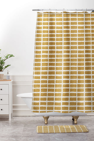 Little Arrow Design Co block print tile mustard Shower Curtain And Mat