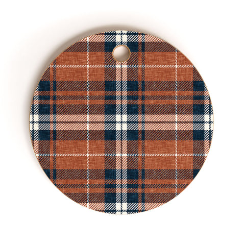 Little Arrow Design Co fall plaid rust and navy blue Cutting Board Round