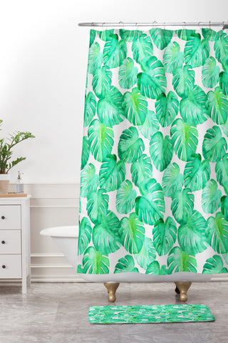 Little Arrow Design Co tropical watercolor monstera Shower Curtain And Mat
