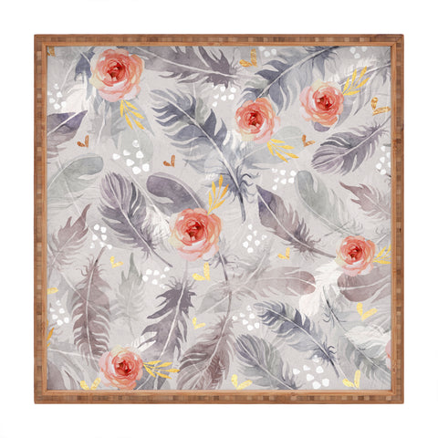 Marta Barragan Camarasa Abstract floral with feathers Square Tray