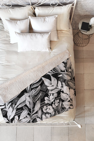 Marta Barragan Camarasa Black and white plants with geometric Fleece Throw Blanket