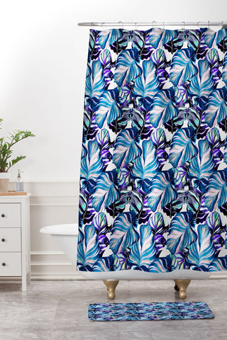 Marta Barragan Camarasa Exotic leaf pattern purple and blue Shower Curtain And Mat
