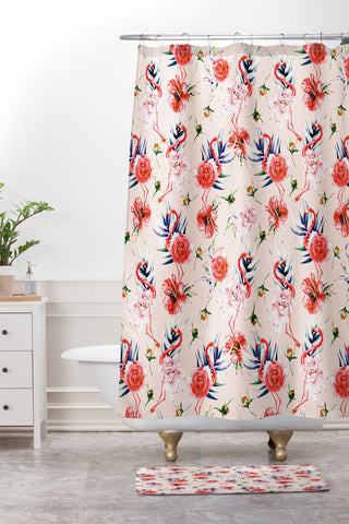Marta Barragan Camarasa Flowery american flamingos Shower Curtain And Mat