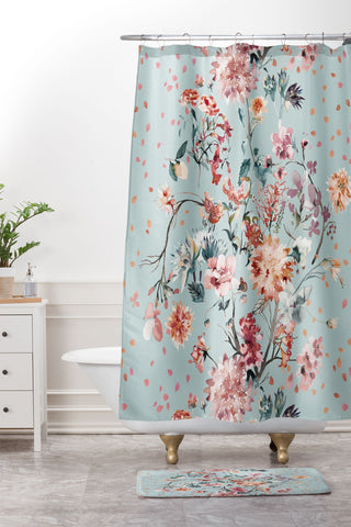 Ninola Design Romantic Bouquet Blue Shower Curtain And Mat