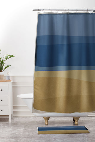 Orara Studio Modern Blue and Brown Shower Curtain And Mat
