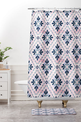 Schatzi Brown Boho Tile Pink Shower Curtain And Mat
