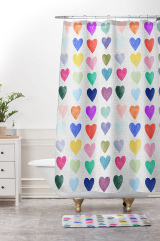 Schatzi Brown Heart Stamps Multi Shower Curtain And Mat