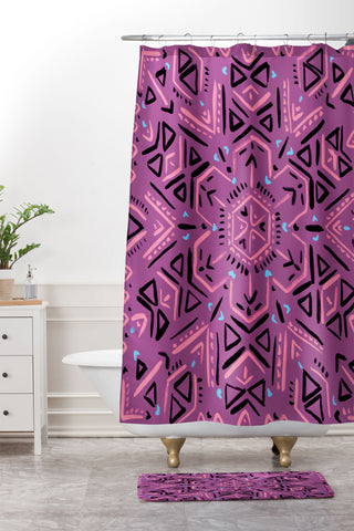Schatzi Brown Line Tribal Mandala 1D Shower Curtain And Mat