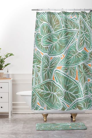 Sewzinski Caladium Leaves in Green Shower Curtain And Mat