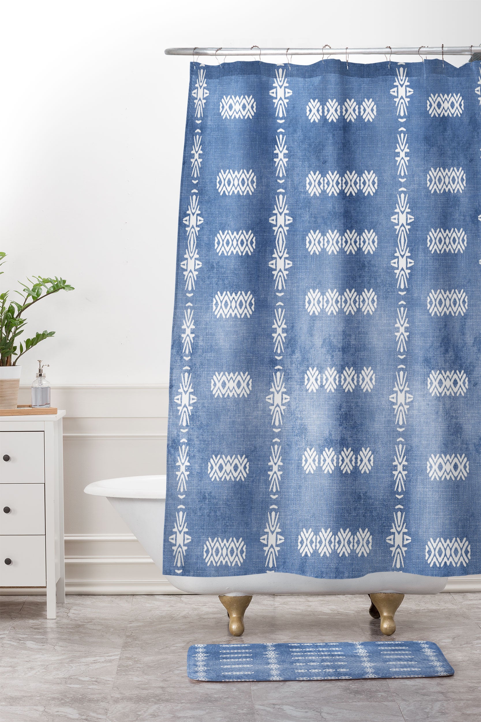 Denim Blue Mud Cloth Shower Curtain And Mat Sheila Wenzel Ganny